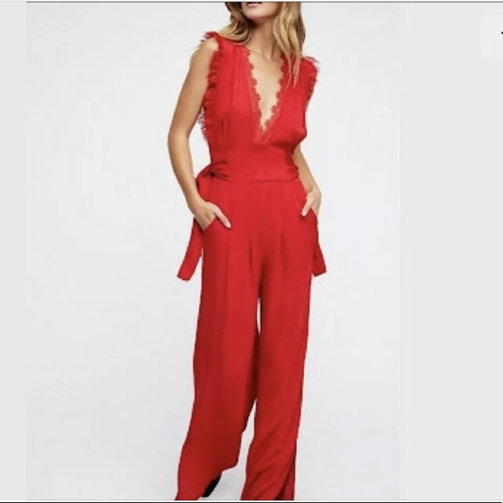 Free People Red Holiday Cem Eyelash Jumpsuit